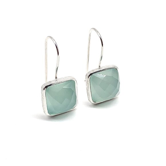 Sterling Silver Earrings Chalcedony Stone Square 925 Silver Drop Earrings - Picture 1 of 12